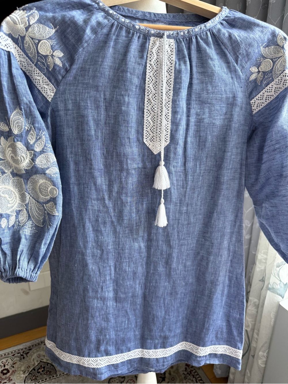 Blue Linen Embroidered Girls' Peasant Dress with Tassel Detail
